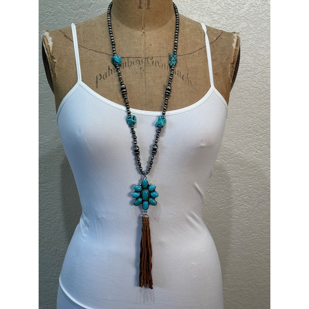 Emma Western Turquoise Flower Pendant Tassel Necklace & Ball Earring Set NEW